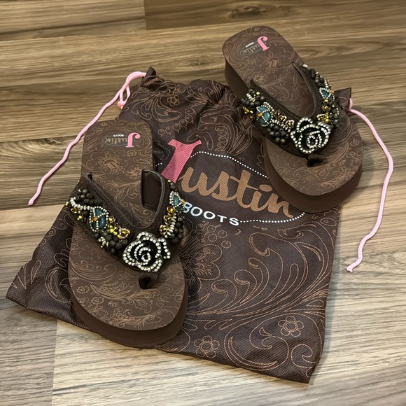 Justin Boots Jade Brown Rhinestones Beaded Platform Wedge Sandals Dustbag 7 - Picture 1 of 12